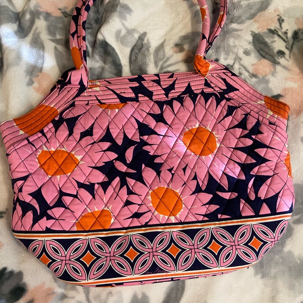 Vera Bradley Loves Me Angle Tote Purse Pink Blue Floral Print Purse with pockets